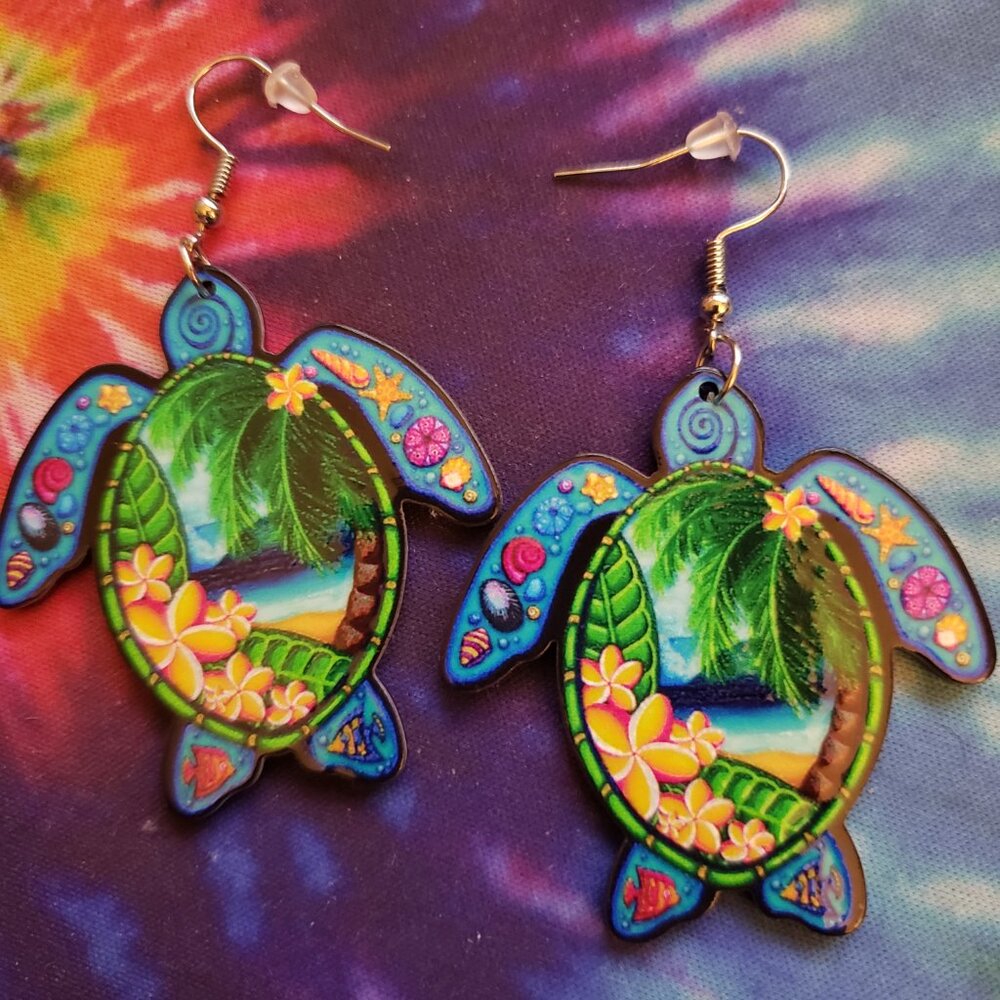 Boho Beach Tropical Plant Print Sea Turtle Earrings